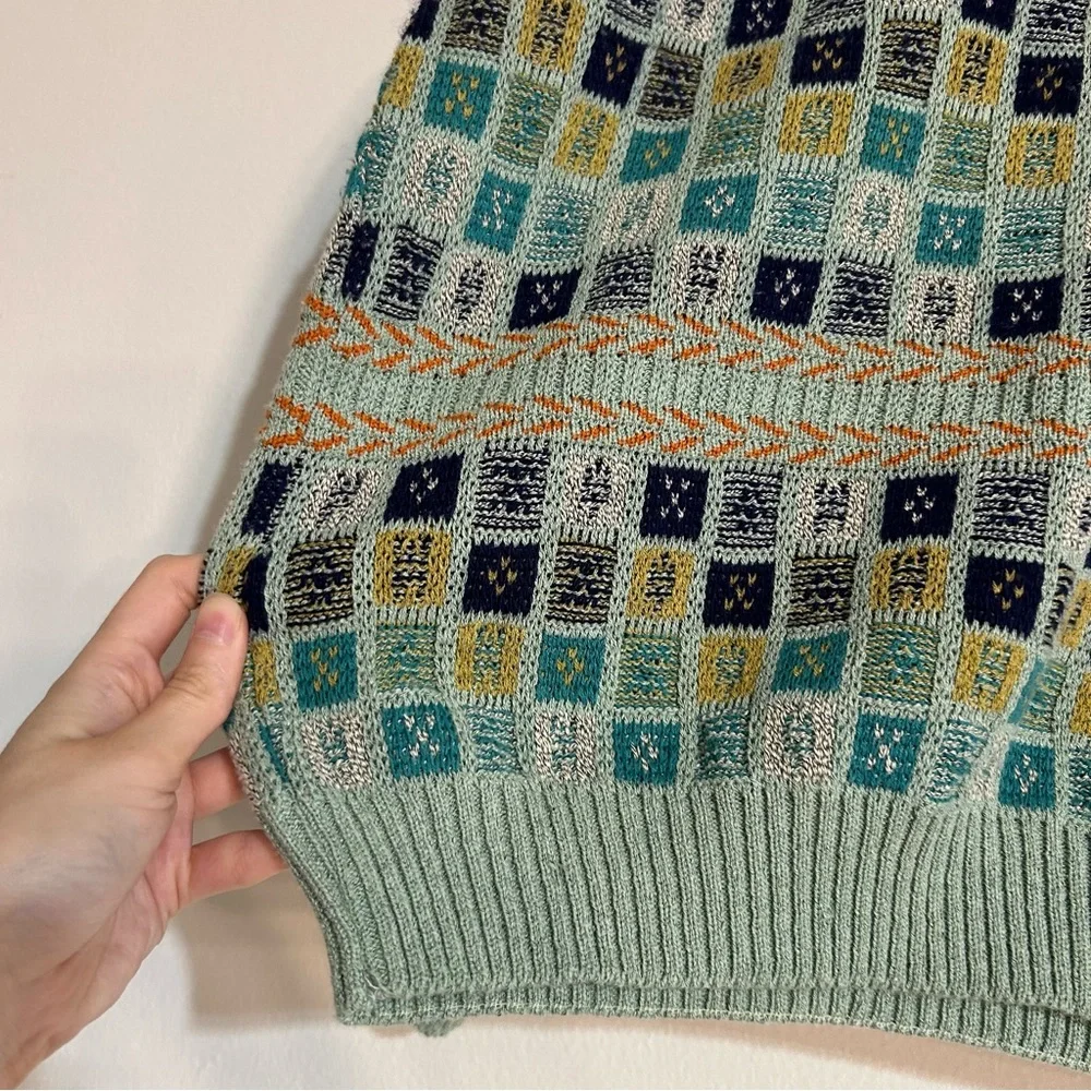 Vintage 90s Square Geometric Eclectic Grandpa Blue Knit Crewneck Sweater XL